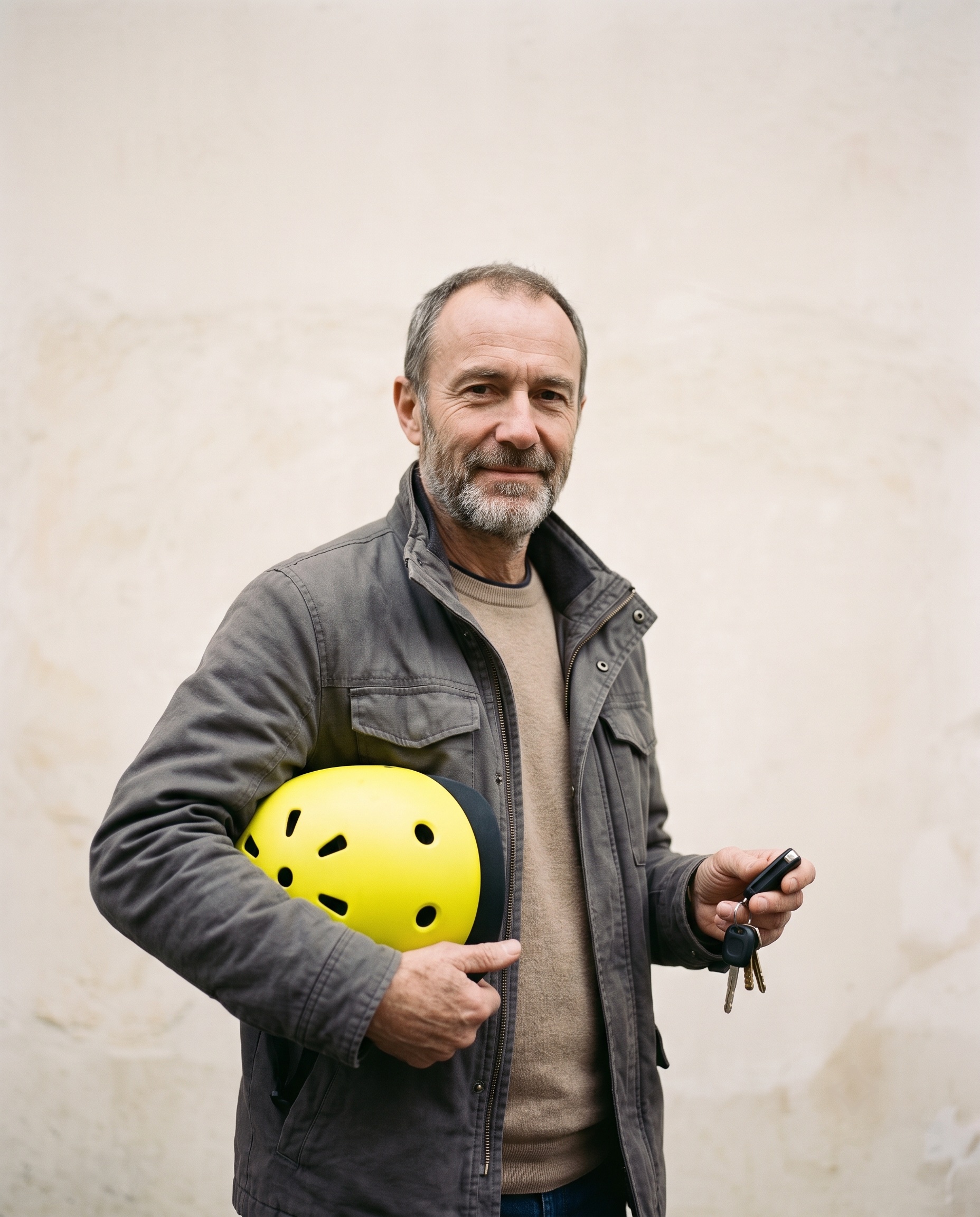 Homme tenant un casque de vélo jaune et des clés de voiture, la même personne