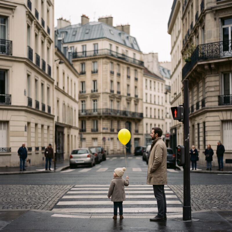 Parent et enfant au ballon jaune attendant au feu piéton