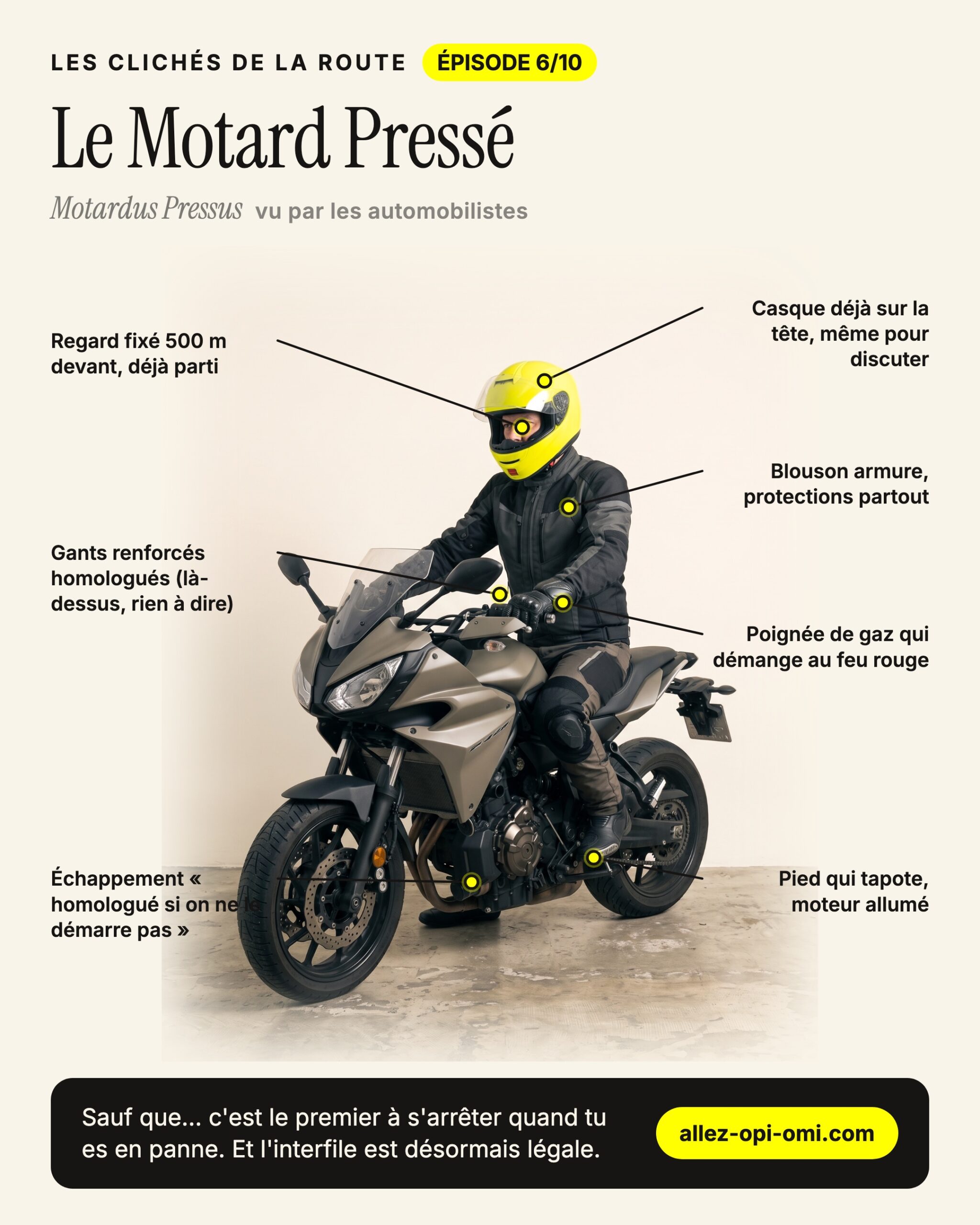 Fiche illustrée du cliché « Le Motard Pressé », ses signes distinctifs annotés