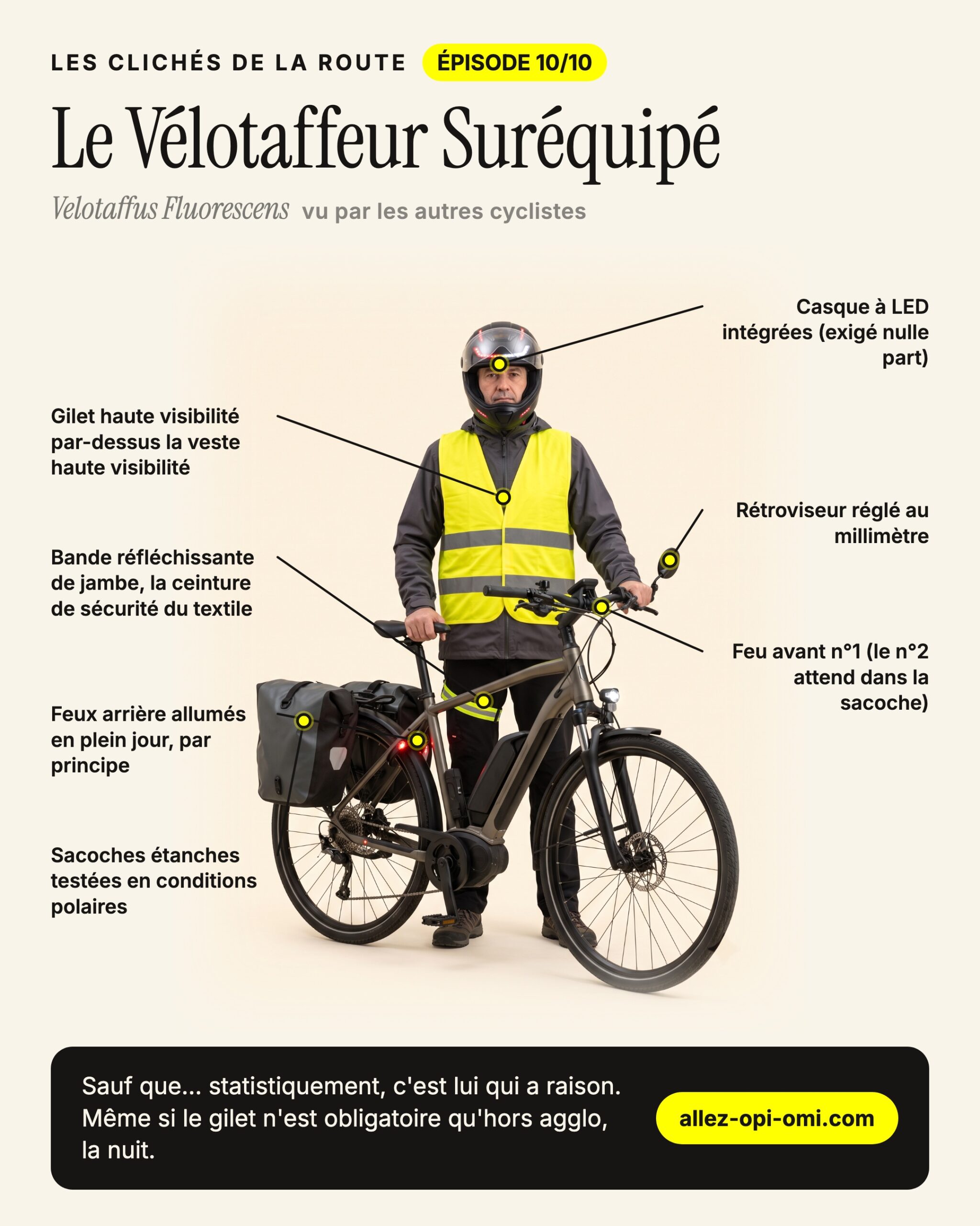 Fiche illustrée du cliché « Le Vélotaffeur Suréquipé », ses signes distinctifs annotés