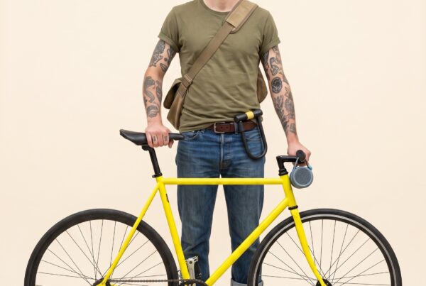 Portrait studio d'un coursier parisien à moustache avec son vélo à pignon fixe jaune vif, casquette à pois et cadenas U à la ceinture
