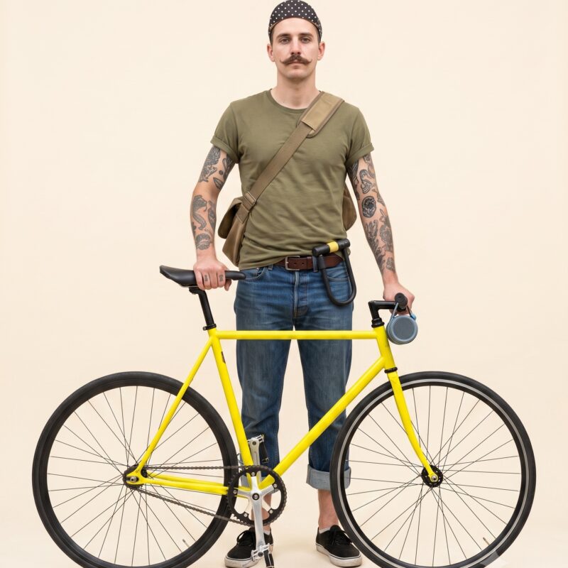 Portrait studio d'un coursier parisien à moustache avec son vélo à pignon fixe jaune vif, casquette à pois et cadenas U à la ceinture