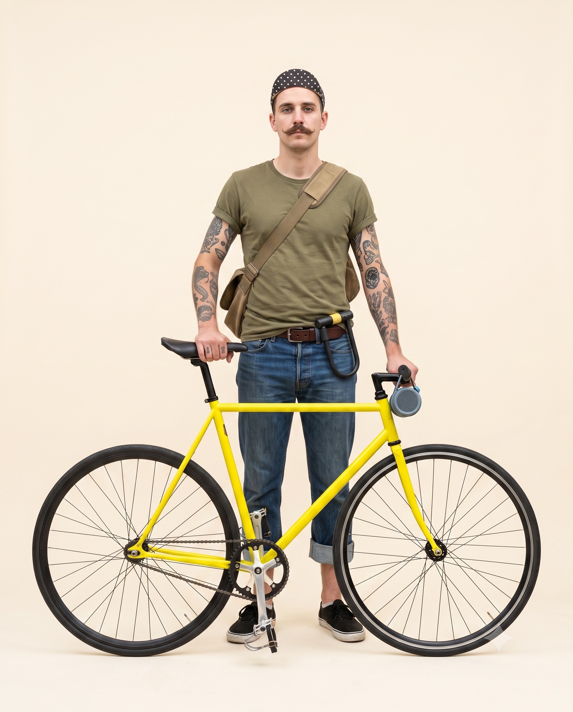Portrait studio d'un coursier parisien à moustache avec son vélo à pignon fixe jaune vif, casquette à pois et cadenas U à la ceinture