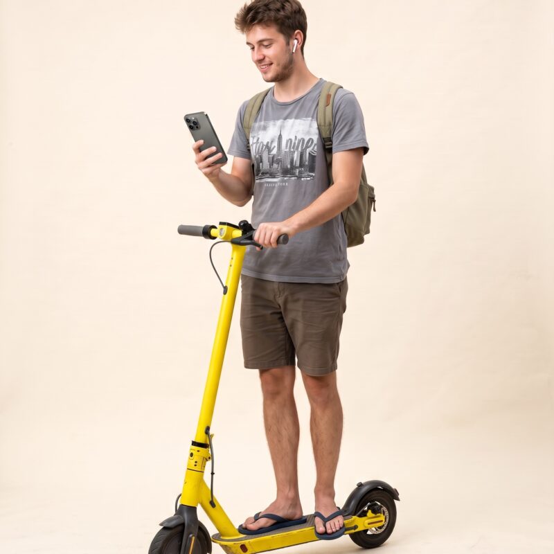 Portrait studio : jeune touriste en tongs sur une trottinette électrique de location jaune, téléphone en main