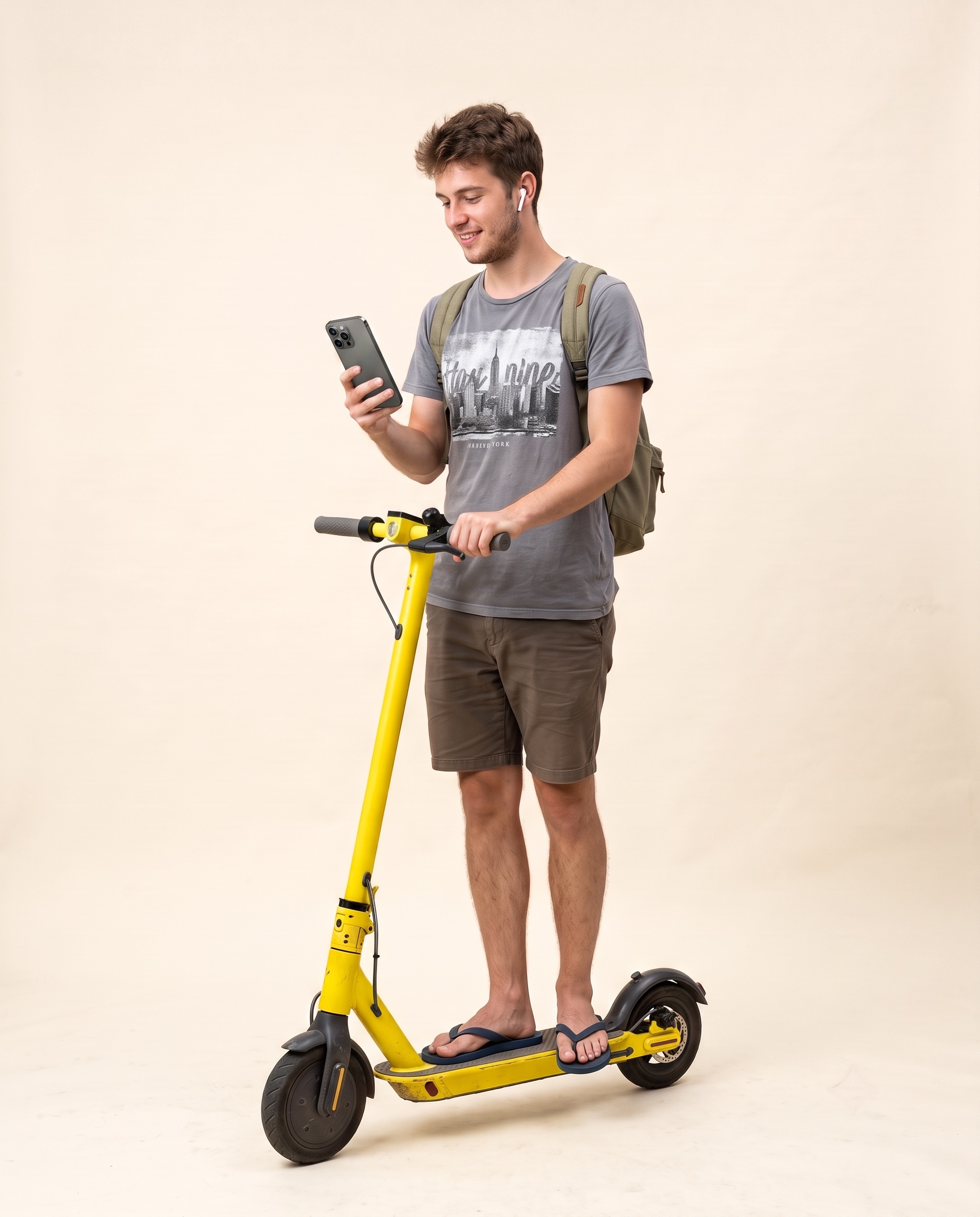 Portrait studio : jeune touriste en tongs sur une trottinette électrique de location jaune, téléphone en main