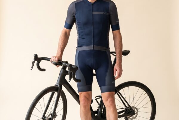 Portrait studio : cycliste du dimanche en tenue World Tour complète, casque aéro jaune, à côté de son vélo carbone