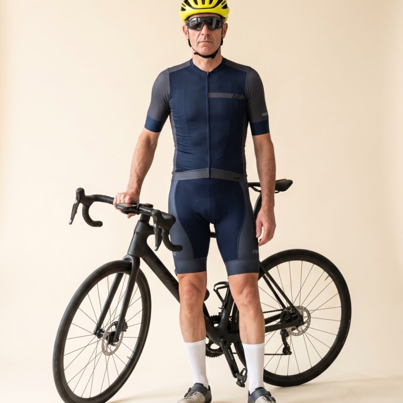 Portrait studio : cycliste du dimanche en tenue World Tour complète, casque aéro jaune, à côté de son vélo carbone
