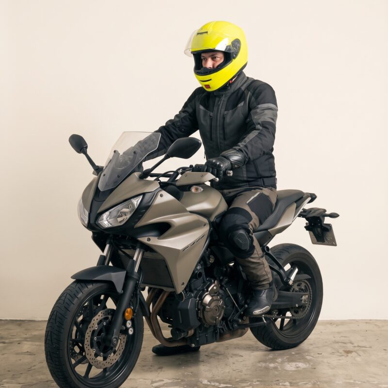 Portrait studio : motard casque intégral jaune sur sa moto sport-touring, prêt à partir