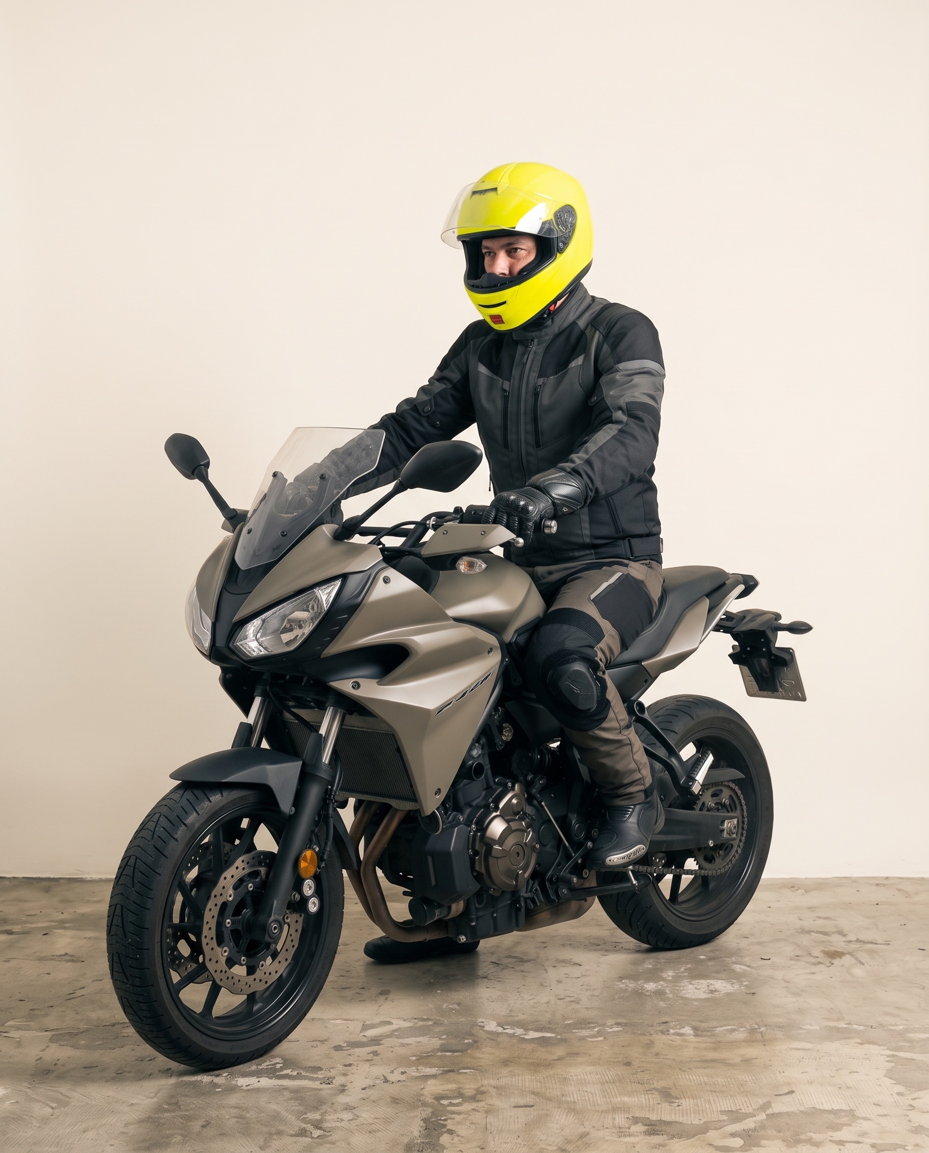 Portrait studio : motard casque intégral jaune sur sa moto sport-touring, prêt à partir