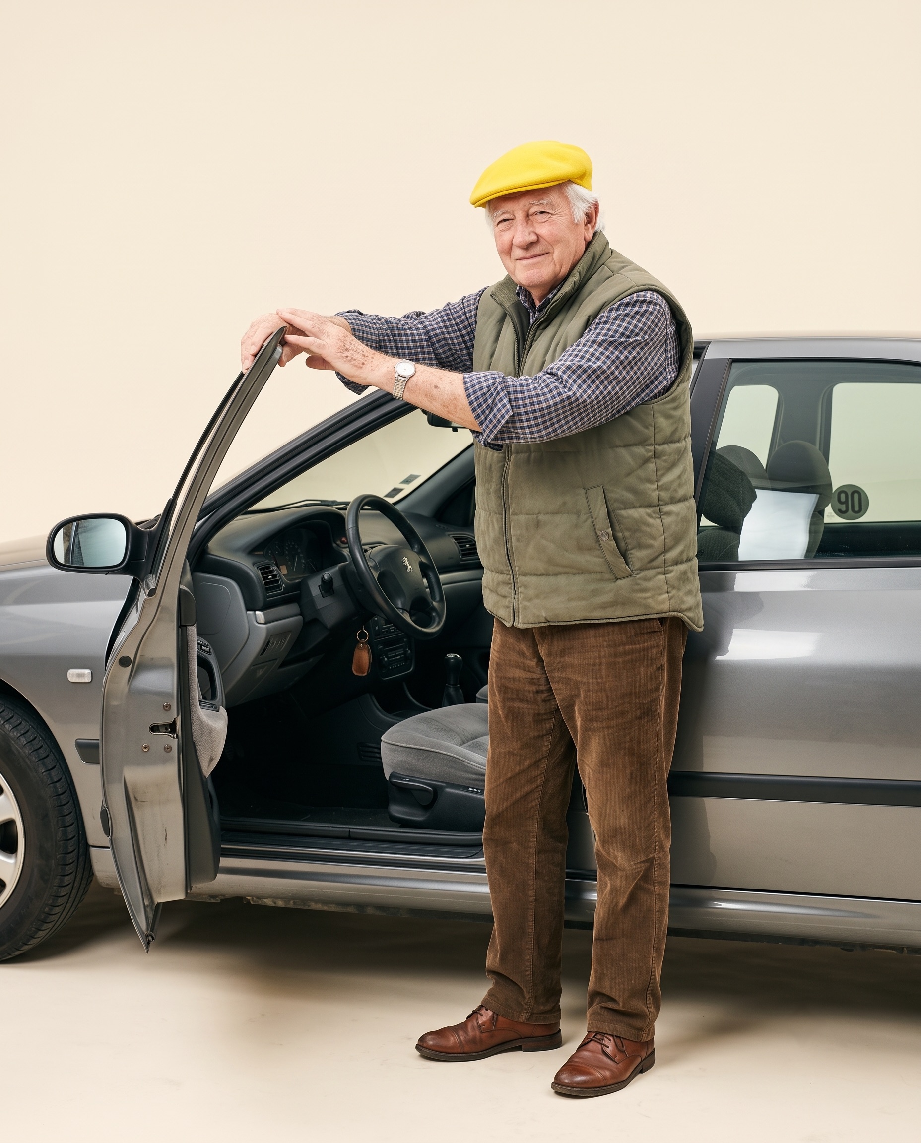 Portrait studio : retraité à casquette jaune debout devant sa berline des années 90, portière ouverte