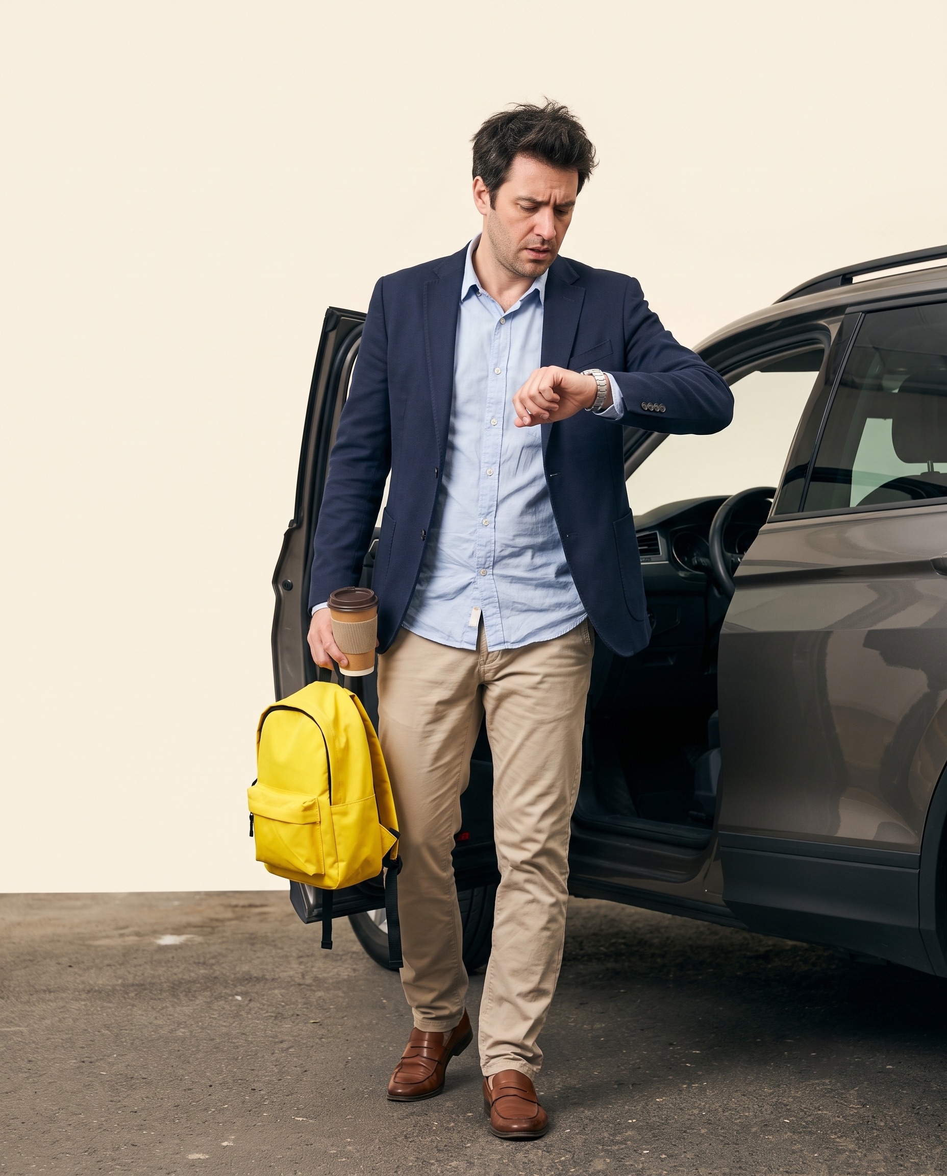 Portrait studio : parent pressé regardant sa montre devant son SUV portière ouverte, cartable jaune à la main