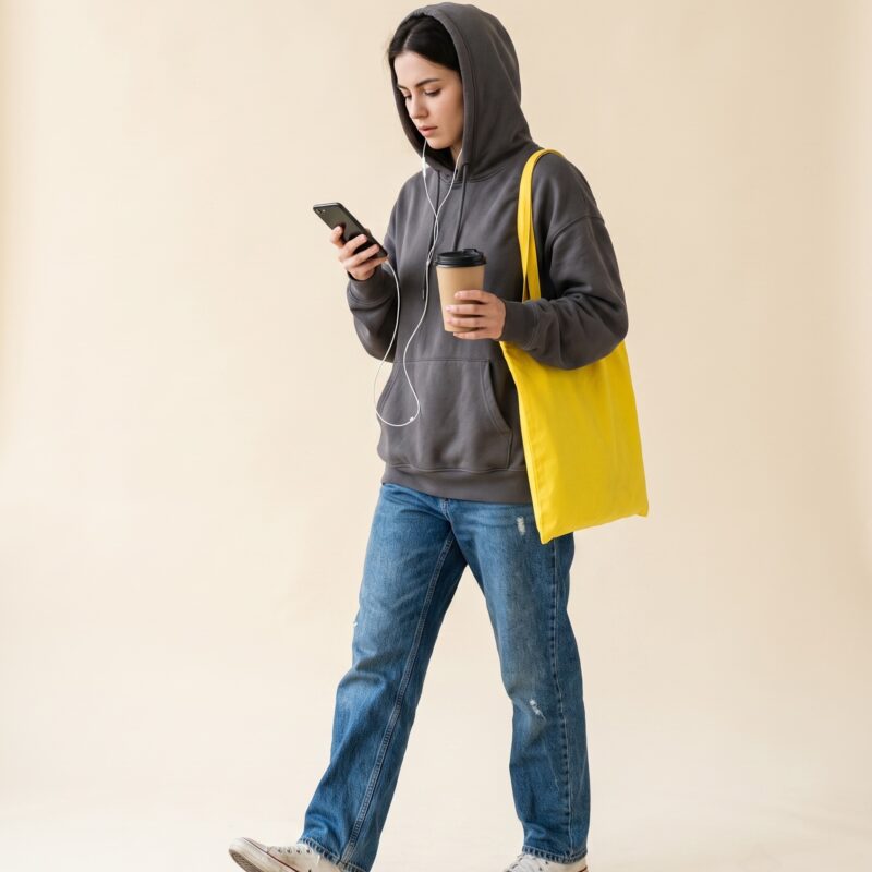 Portrait studio : piétonne capuchée absorbée par son téléphone, café à la main, tote bag jaune, un pied sur la chaussée