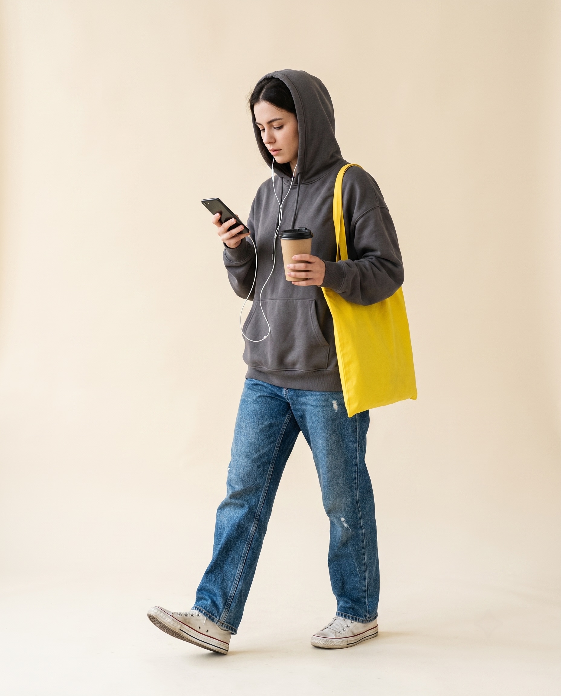 Portrait studio : piétonne capuchée absorbée par son téléphone, café à la main, tote bag jaune, un pied sur la chaussée