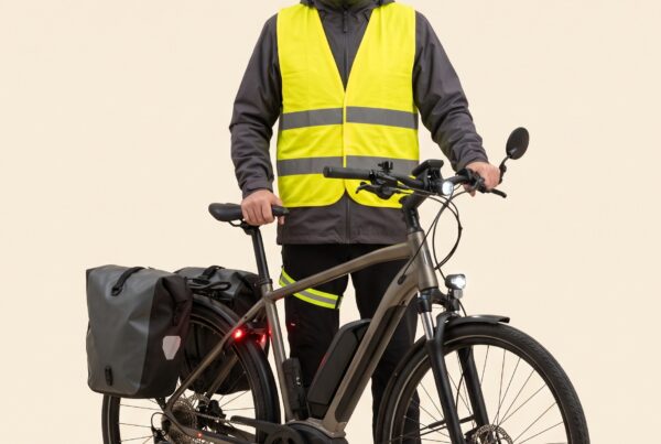 Portrait studio : vélotaffeur en gilet haute visibilité jaune, casque à LED et rétroviseur, avec son vélo à sacoches