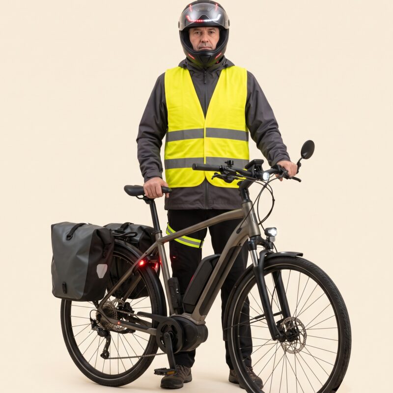 Portrait studio : vélotaffeur en gilet haute visibilité jaune, casque à LED et rétroviseur, avec son vélo à sacoches