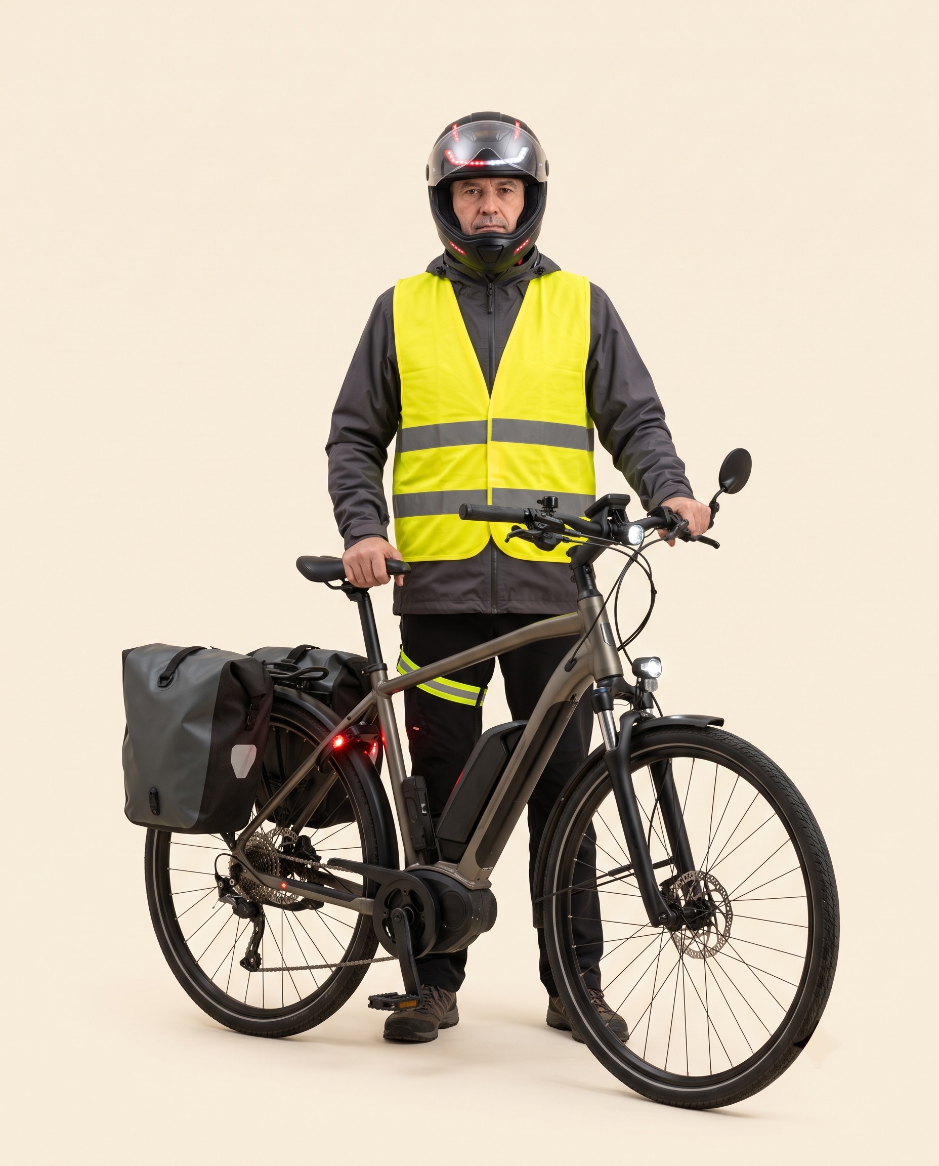 Portrait studio : vélotaffeur en gilet haute visibilité jaune, casque à LED et rétroviseur, avec son vélo à sacoches